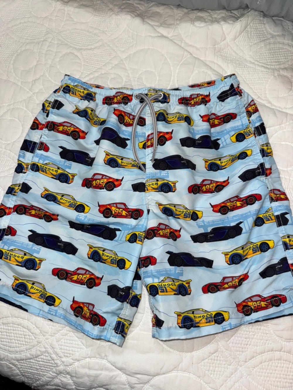MC2-St.Barth-Blue Racing Car Print boys Swim Trunks. Lighting Mcqueen